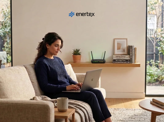 Una mujer sentada en un sofá usando un ordenador portátil en un salón iluminado con luz natural. Al fondo, sobre una estantería de madera, se observa un router Wi-Fi encendido junto a unos libros y una planta.