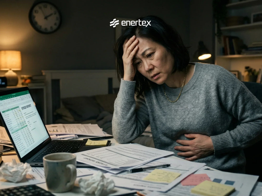 Mujer asiática en su escritorio frente al ordenador con síntomas de cortisol alto