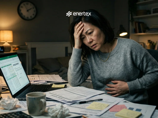 Mujer asiática en su escritorio frente al ordenador con síntomas de cortisol alto