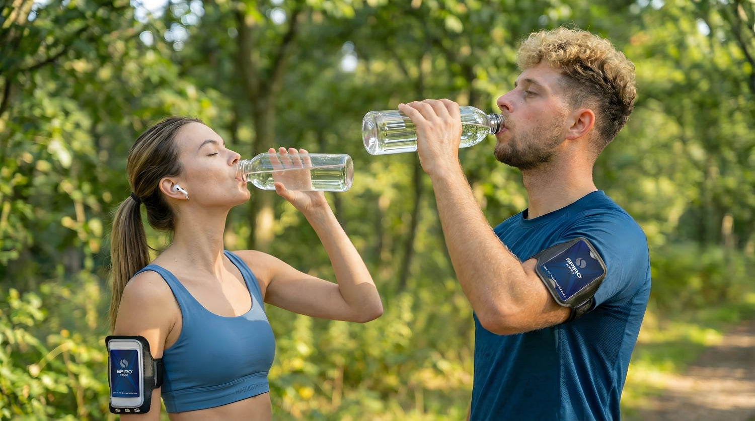 hombre_y_mujer_bebiendo_agua_estructurada_por_spiro_mientras_corren_en_un_bosque